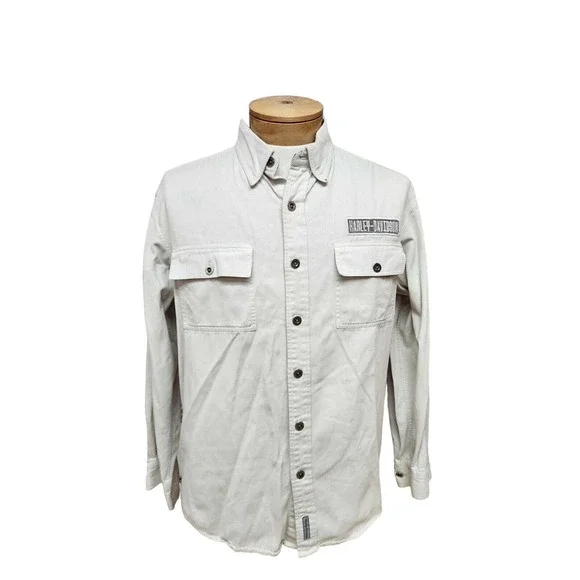 Harley-Davidson Shirts | Harley Davidson Men's Large Long Sleeve Button Front Shirt Distressed Worn Look | Color: White | Size: L | Lwood114's Closet Harley-Davidson Shirts | Harley Davidson Men's Large Long Sleeve Button Front Shirt Distressed Worn Look | Color: White | Size: L | Lwood114's Closet